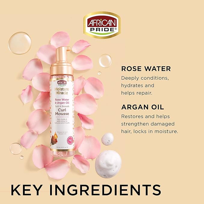 African Pride Moisture Miracle Mousse for Curly Hair with Rose Water and Argan Oil, Flexible Hold, Enhances Curls, Creates Wave Patterns, No Residue, Deep Moisture,