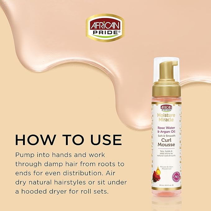 African Pride Moisture Miracle Mousse for Curly Hair with Rose Water and Argan Oil, Flexible Hold, Enhances Curls, Creates Wave Patterns, No Residue, Deep Moisture,